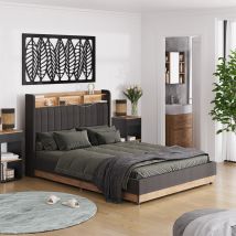Letto Imbottito Nura, Antracite/quercia, Con 4 Cassetti, Vitalispa