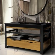 Mobile Padella e Cassettiera in Rovere e Metallo Nero – 120 cm – 119x44x83 cm – 2 Ante Reversibili – 1 Cassetto
