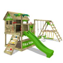 Parque Infantil De Madera Tikataka Con Columpio Surfswing Y Tobogán Casa Sobre Pilares De Exterior Con Arenero Y Escalera Para Niños - Verde Manzana -