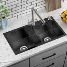 Fregadero De Cocina Con Dos Cubetas Gris Oscuro, Fregadero Encastrar Con 2 Senos En Acero Inoxidable Con 300ml Dispensador De Jabón, Desagüe Y Sifón -