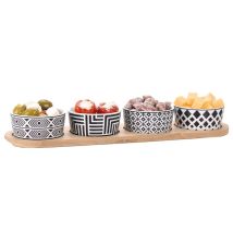 Snack-Servierset – 4 Schüsseln aus Porzellan – Bambusbrett – Pflegeleicht – 38,5 cm x 10,5 cm x 5 cm