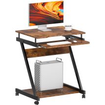 Soges Bureau D'Ordinateur Mobile En Forme De Z, Gain De Place Avec 4 Roues, Tiroir À Clavier Lisse, Marron Vintage