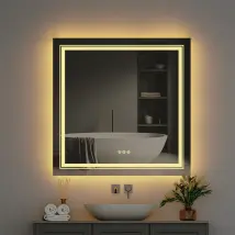 Luvodi - Led Badspiegel 90x90cm Badspiegel Mit Beleuchtung, 3 Lichtfarbe Lichtspiegel Wandspiegel Badezimmerspiegel Mit Touch-schalter Dimmbar 