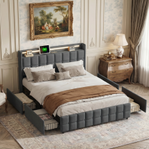 Blanketswarm - Lit Double 160x200 Avec Tiroirs, Lit Adulte, Lit Capitonné - Sommier À Lattes - Éclairage Led - Chargement Usb - Lin - Gris
