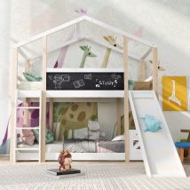 Cama Infantil Tipo Casa Del Árbol 90x200 Cm, Con Tobogán Y Escalera, Incluye 2 Somieres, Color Natural Y Blanco