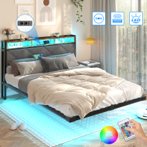 Lit 140 X 190 Avec Sommier, Lit Flottant Avec Éclairage Led Et 2 Prises & 2 Ports Usb, Tête De Lit Capitonnée Avec Rangement, Tissu En Lin, Gris Foncé