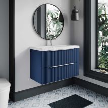 Hudson Reed - Fluted Satin Blue 800mm Wall Hung 2 Drawer Vanity Unit And Minimalist Ceramic Basin - Dff395b