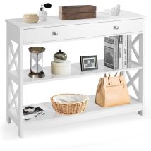 Goplus – Table Console Moderne 3 Niveaux – Etagères Et Tiroirs – Bois Mdf Blanc – Charge Jusqu'à 95 Kg – Design Industriel