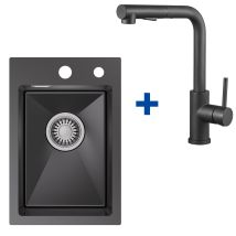 Cecipa Max Edelstahl Küchenspüle 30 X 45 Cm Kleine Küchenspüle + Ausziehbare Hochdruck Küchenarmatur Mit 2 Strahlarten, Anthrazit Aufsatzspüle-set