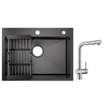Cecipa - 60×45×18 Cm Lavello Da Cucina Nero - Lavello A 1 Vasca Con Cestello Di Scarico + Rubinetto Da Cucina Con Miscelatore Lavello Estraibile Con 
