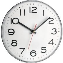 Wanduhr im silbernen Kunststoffgehäuse – Durchmesser 275 mm – Höhe 60 mm – Breite 290 mm – Gewicht 465 g