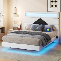 Doppelbett 140x190 Cm, Samtstoff, Led-beleuchtung + Usb-anschluss, Schwebebett-design, Rautenförmiges Kopfteil, Lattenrost, Weiß