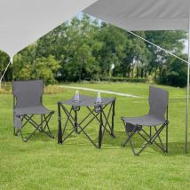 Campingmöbel Set 3-teilig Klappbar Grau – Klapptisch mit Getränkehaltern – Faltstuhl mit Seitentasche – Stahlgestell – Oxford 600D Textilgewebe