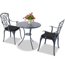 Homeology Oshowa Grey Aluminium Weatherproof Outdoor Table And 2 Chairs Bistro Set With Black Cushions