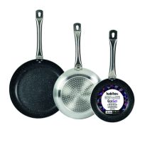 Lot de 3 poêles – Aluminium antiadhésif – Finition pierre – Poignées ergonomiques – HABITEX