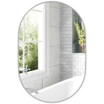 Specchio Bagno Ovale Da Parete Con Cornice In Alluminio, Verticale O Orizzontale, 60x90 Cm, Argento