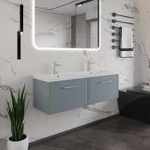 Hudson Reed - Juno Matt Coastal Grey 1200mm Wall Hung 2 Drawer Vanity Unit And Twin Ceramic Basins - Jnu2322f