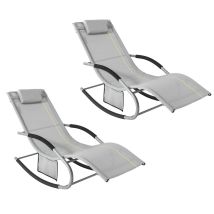 Sobuy - Set Of 2 Sun Lounger Garden Chair Recliner With Cushioned Pillow & Side Pocket Garden Rocking Chair With Steel Frame Outdoor Furniture Grey 