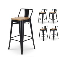 Kosmi - Conjunto De 4 Taburetes De Bar De Metal Negro Mate De Estilo Industrial Con Respaldo Y Asiento En Madera Clara - Altura 66cm