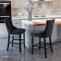 Contemporary Velvet Upholstered Barstools With Button Tufted Decoration And Wooden Legs, And Chrome Nailhead Trim, Leisure Style Bar Chairs,bar Stools