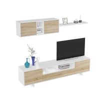 Parete Attrezzata, Mobile Da Soggiorno Porta Tv, Composizione Set Salotto, Set Salotto Con Pensile, Cm 260x41h46, Bianco Lucido E Rovere