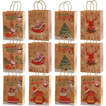 Sacs Cadeaux De Nol,12 Pice Sac Cadeau Noel En Papier Kraft Pochette Cadeau Noel Reutilisable Sac Papier Cadeau Noel Avec Poigne Pochettes De Nol