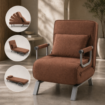 Fauteuil convertible – Brun – 3 en 1 – Matériaux : acier, lin, éponge – Dimensions : 59 x 78,5 x 83 cm