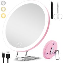 Miroir Grossissant Lumineux 10x, 15cm - 3 Modes De Couleur Dimming, Grand Miroir De Voyage Rechargeable Avec 3 Ventouses Et Support De Table 360°