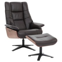 MCA Relaxsessel + Hocker HHG-240, Fernsehsessel Liegesessel, Holz Echtleder braun