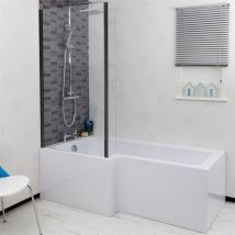 Ceramica - Bathroom L Shape Bath Black Shower Screen Left Hand Front End Panel White 1600mm