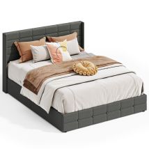 Cama Matrimonio Tapizada 160 X 200 Cm Bealife Con Canapé Hidráulico Cabecero Láminas De Madera Y Estructura De Metal Gris Oscuro