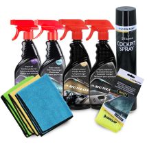 Dunlop Kit Nettoyage Auto Complet 9pcs - Soin Intérieur/extérieur - Sprays Cockpit & Vitres + Rénovateur + 4 Microfibres Pro
