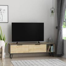 Furoki TV-Ständer Eiche 150x50 – 2 Klapptüren – 1 offenes Fach – Füße aus schwarzem Metall – Maße 150x35x50 H cm