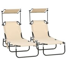 Lot De 2 Chaises Longues Pliantes De Jardin Avec Pare-soleil Et Dossier Réglable En Hauteur Sur 5 Positions - Marron