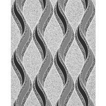 Papier Peint Graphique Edem 1025-16 Aspect Crépi Granit Moucheté Lignes Ondulées Et Ornements Gris Clair Noir Argent