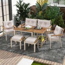 Ensemble Table Et Chaise De Jardin En Bois D'Acacia, Table Et Chaises Extérieur 6 Places, Avec Canapé 2 Places, 2 Fauteuils, 2 Tabourets Et Desserte 