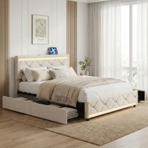 Letto 140x200 Cm, 4 Cassetti Con Illuminazione Led Nella Testata E Nei Piedi Del Letto + Ricarica Usb, Velluto - Bianco