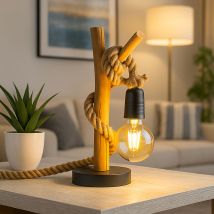 Lampada da tavolo in legno di eucalipto – 15 cm di diametro x 40 cm di altezza – 1x E27 – Colore naturale e nero – Design moderno