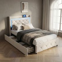Letto Con 2 Cassetti 90x200, Illuminazione Led E Porte Usb/type-c, Letto Singolo, Struttura Letto Imbottita In Velluto Con Testiera Trapuntata E 