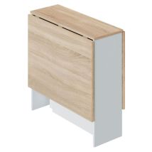 Mesa auxiliar Fly – Alas abatibles – Color roble canadiense y blanco – Tablero de partículas melaminizado – Dimensiones cerrada: 78x31x77 cm