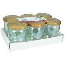 Schraubdeckelglas – 6er Tray – Glas – Durchmesser 8,2 cm – Spülmaschinengeeignet – Holzdekor
