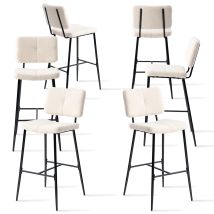 Meubles Cosy - Set Of 6 Scandinavian Bar Stools - 75 Cm High Upholstered Seats - High Chairs In Beige Boucle - Black Metal Legs And Footrest