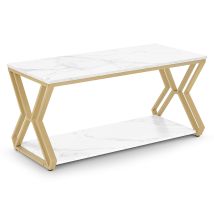 Barberpub Beistelltisch Gold, Couchtisch Mit 2 Ablagen, Sofatisch Aus Holz, Moderner Wohnzimmertisch Metall, Kaffeetisch Für Wohnzimmer, 