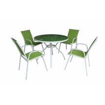 Mesa de jardín 100 cm + 4 sillones África verde – Aluminio blanco – Textiline verde – Ideal para exteriores