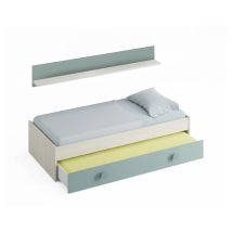 Letto Singolo, Struttura Letto Per Cameretta, Letto Con Lettino Estraibile O Cassettone E Mensola Abbinata, Cm 201x98h43, Bianco E Verde Acqua