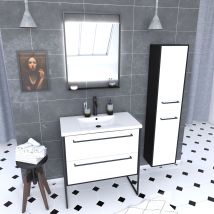 Aurlane - Set Da Bagno Bianco Da 80 Cm + Bacino Di Resina Bianca + Cassetti Bianchi Opachi + Specchio + Colonna