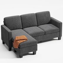 Bealife – Canapé D'Angle En L 3 Places Avec Méridienne – Revêtement Velours Côtelé Gris – Dimensions 188 X 136,5 X 89 Cm – Conception Inclinable Et 