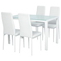 Set 5 Pezzi Con 1 Tavolo E 4 Sedie Per Cucina O Sala Da Pranzo In Finta Pelle, Metallo E Vetro Temperato, Bianco