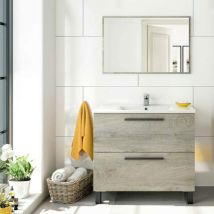 Non - Mobile Sottolavabo, Mobiletto Per Bagno A 2 Cassetti, Armadietto Sospeso Con Specchio, Lavabo Incluso, Cm 80x45h80, Rovere