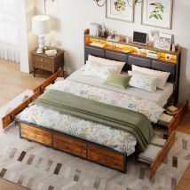 Letto 140x190 Cm Con Rete In Legno Massiccio, Letto Matrimoniale Con Spazio Di Archiviazione, Con 4 Cassetti, Illuminazione Led, Testata Aperta, Stile